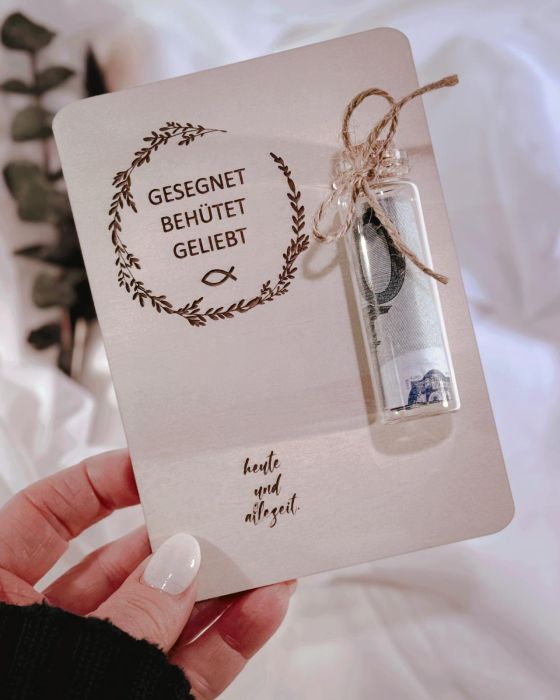 Holzkarte Taufe, Konfirmation, Kommunion - GESEGNET BEHÜTET GELIEBT